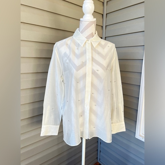 NWT!! Zara Oyster White Ecru Semi Sheer Shirt Blouse With Jewels Size L - Picture 4 of 14